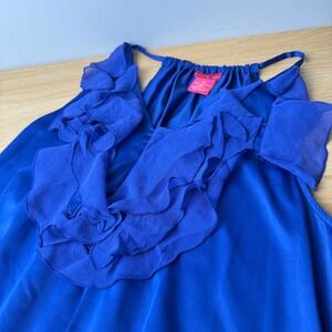 Sunny Leigh Ruffle Halter Top Womens M Blue Silk Trim Smocked Hem Evening Party